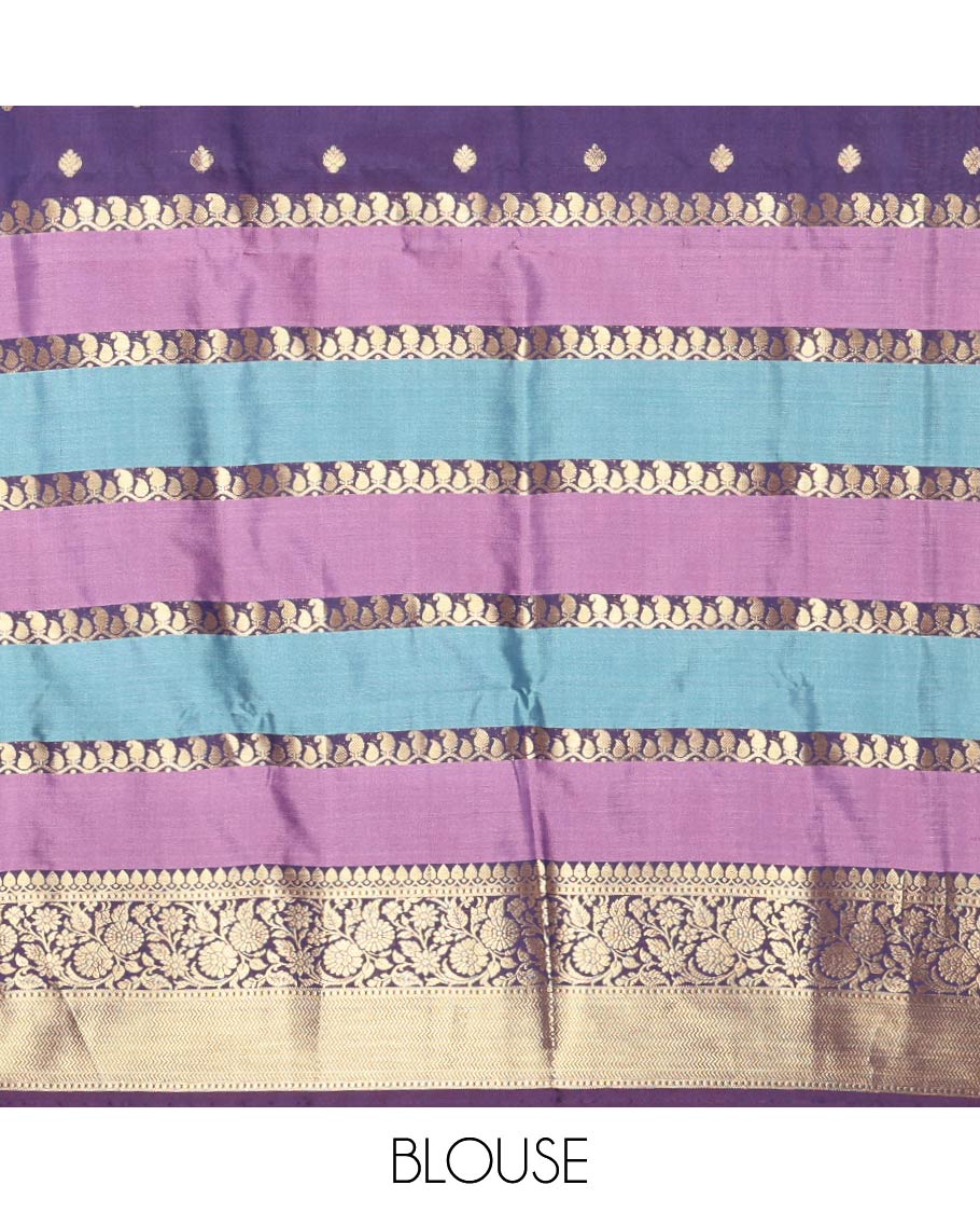 Violet Semi-Katan Silk Saree, Adorned with Zari Designs, Contrast Floral Creeper Border, Self-Pallu, and Matching Blouse