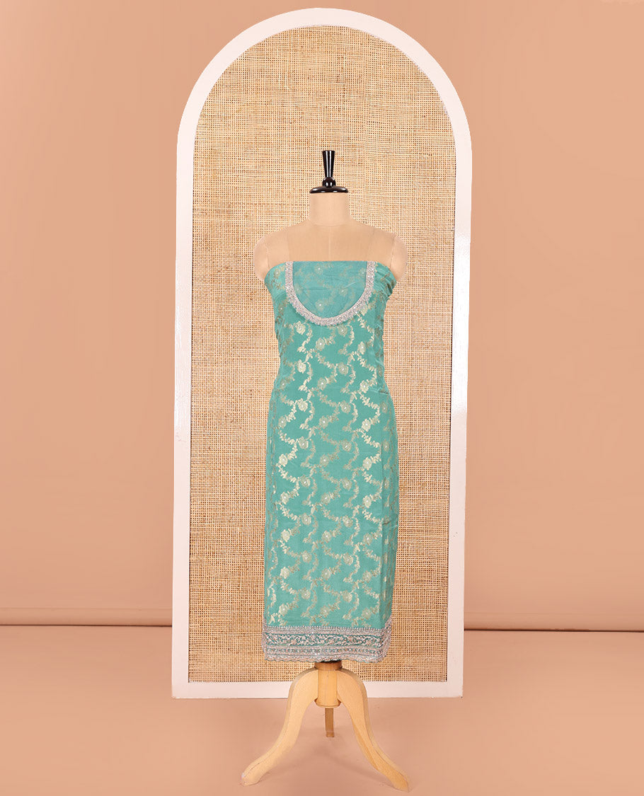 Light Rama Green Chudidar Set Artfully Detailed with Floral Jaal Jacquard Design and Embroidered Viscose Chinon Unstitched Top, Readymade Free Size Chinon Sharara Pants, and a Chinon Embroidered Scallop-Bordered Dupatta