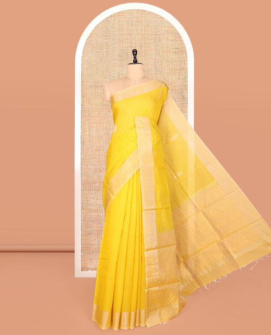 Yellow Silk Cotton Saree, Sparsely Woven with Buttas, a Subtle Zari Border, Grand Jaal Pallu, and a Matching Blouse