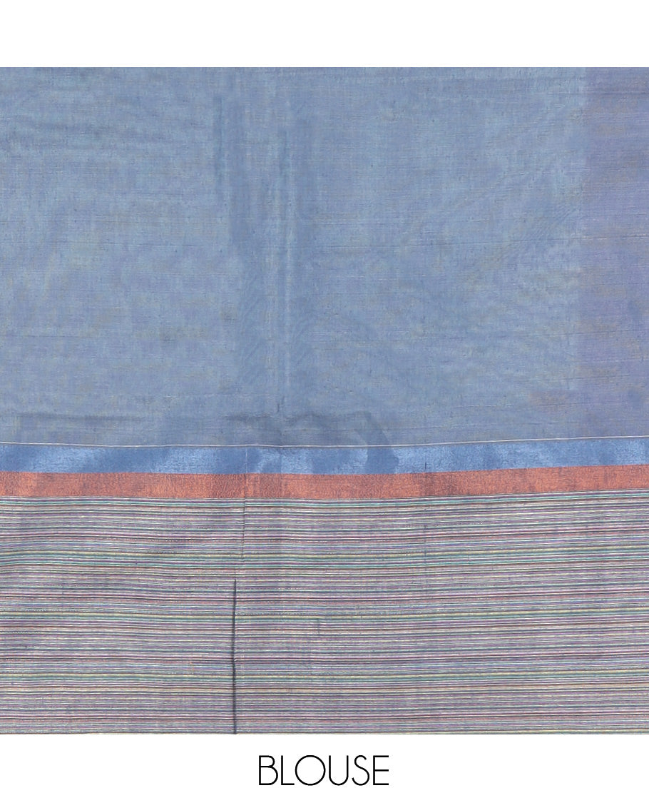 Sea Green Plain Khadi Cotton Saree, Contrast Satin Striped Border, Striped Pallu, and a Contrast Blouse