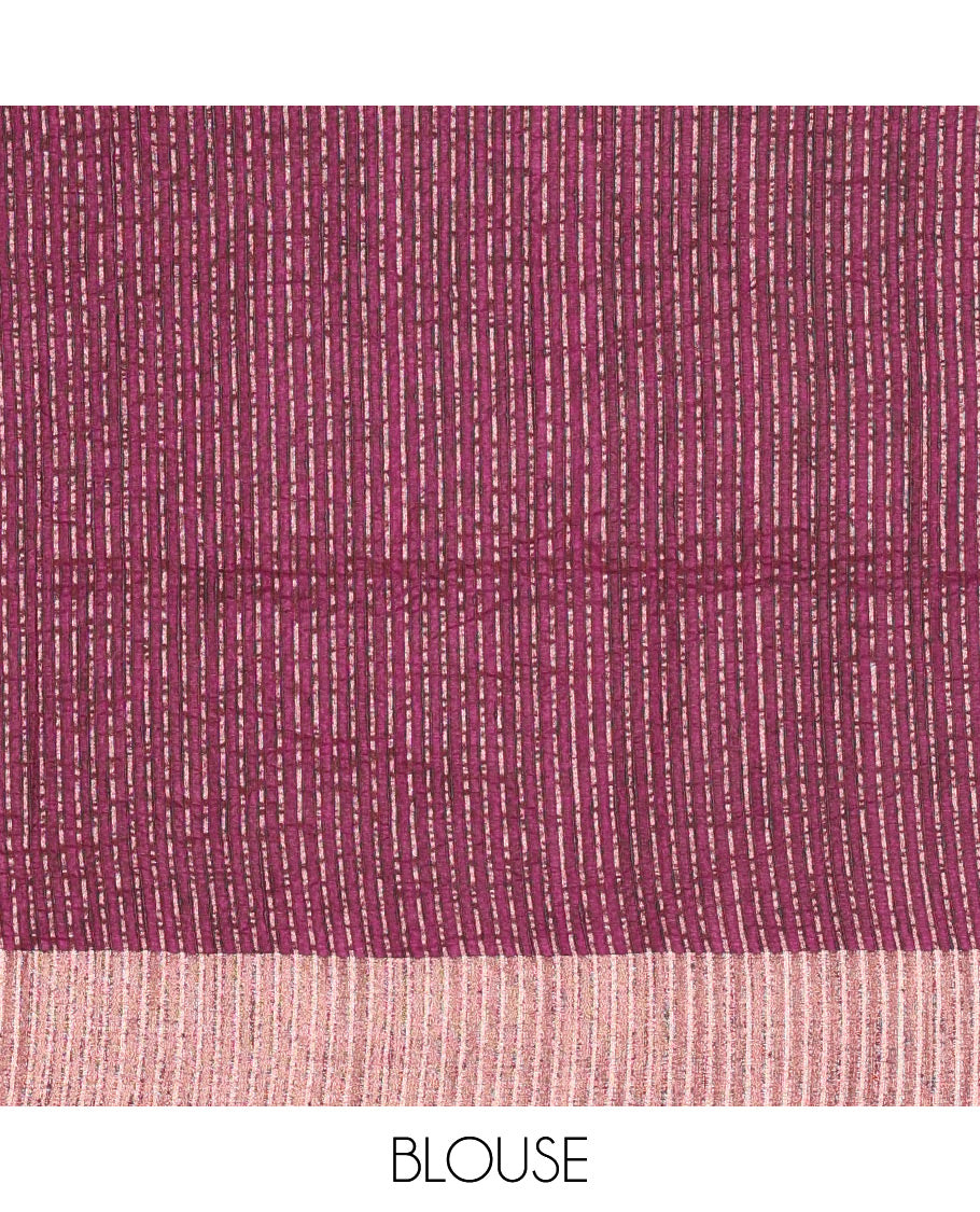 Purple plain ghicha woven fancy tussar silk saree, tissue small border, striped pallu, and a matching blouse
