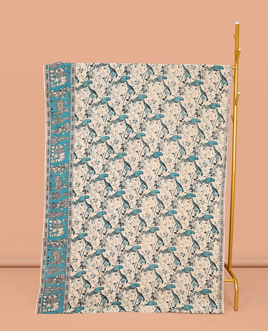 Beige-Base Machine-Printed Kalamkari Cotton Saree, Elevated with Floral and Bird Motifs on Its Body, Complemented by a Contrast Border, Pallu of Radha Krishnan Motifs Print, and Paired with a Printed Blouse