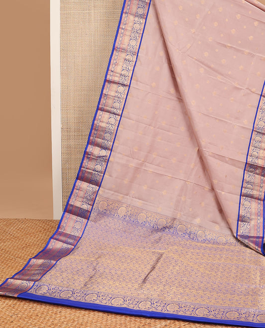 Baby pink buttas silk saree with contrast border of rekku, banaras , muthu, kodi visiry, paun designs & zari design pallu