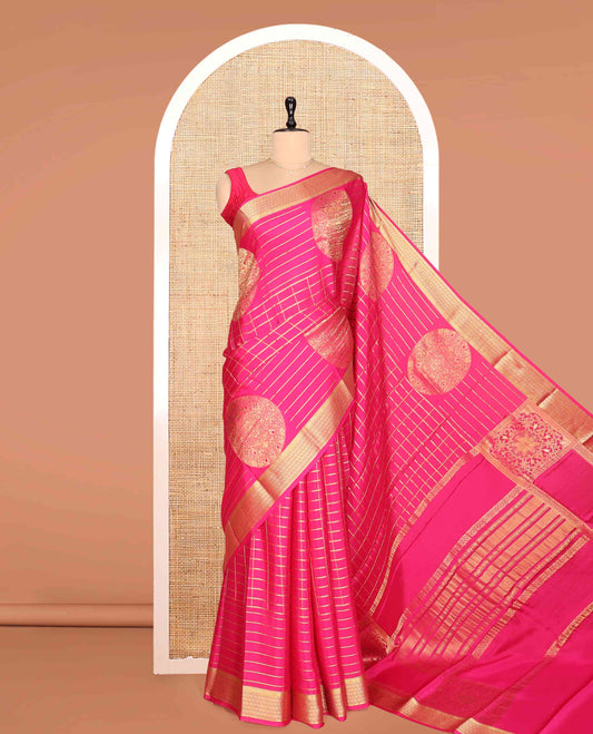 Red Mysore Silk Saree, Majestically Detailed with Zari Checks and Zari Buttas, a Zari Border, Grandly Decked Up Pallu, and a Matching Blouse
