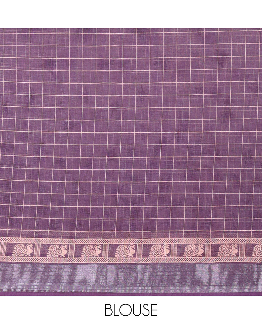 White and Wine Linen Cotton Saree Featuring Field Maple Leaf Motifs Printed All Over the Body, Complemented by a Contrast Zari and Peacock-Printed Border, Pallu of Geometric Print, and Paired with a Contrast Checked Blouse