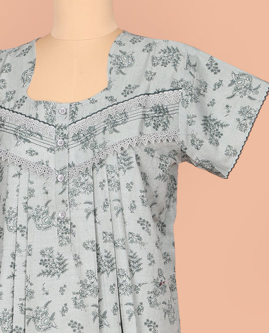 Grey Cotton Nighty Embellished with Floral Print, Featuring Lace Work, Square Front Neck, and Half  Sleeves