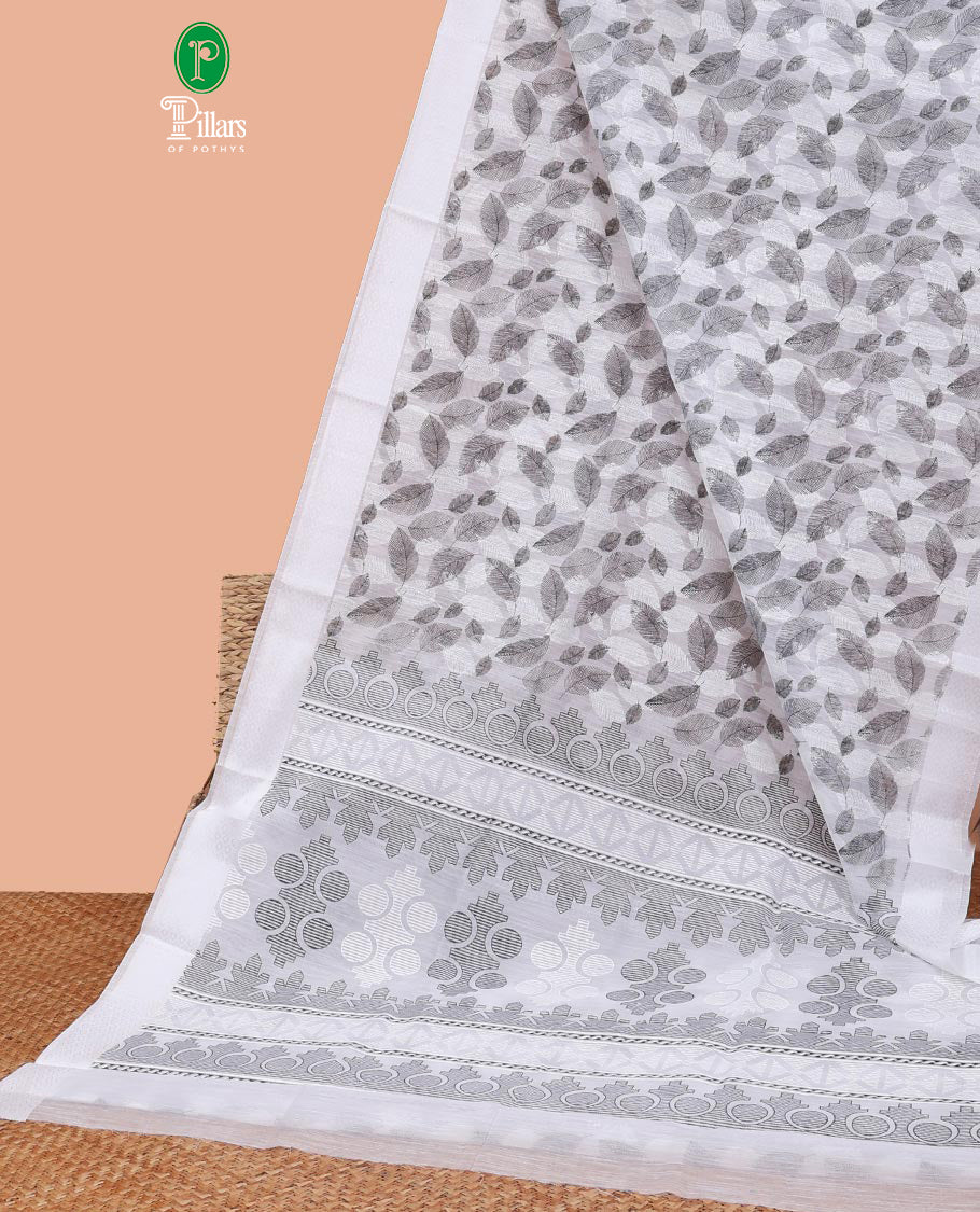 white all over leaf printed mixed cotton saree with printed pallu & plain blouse