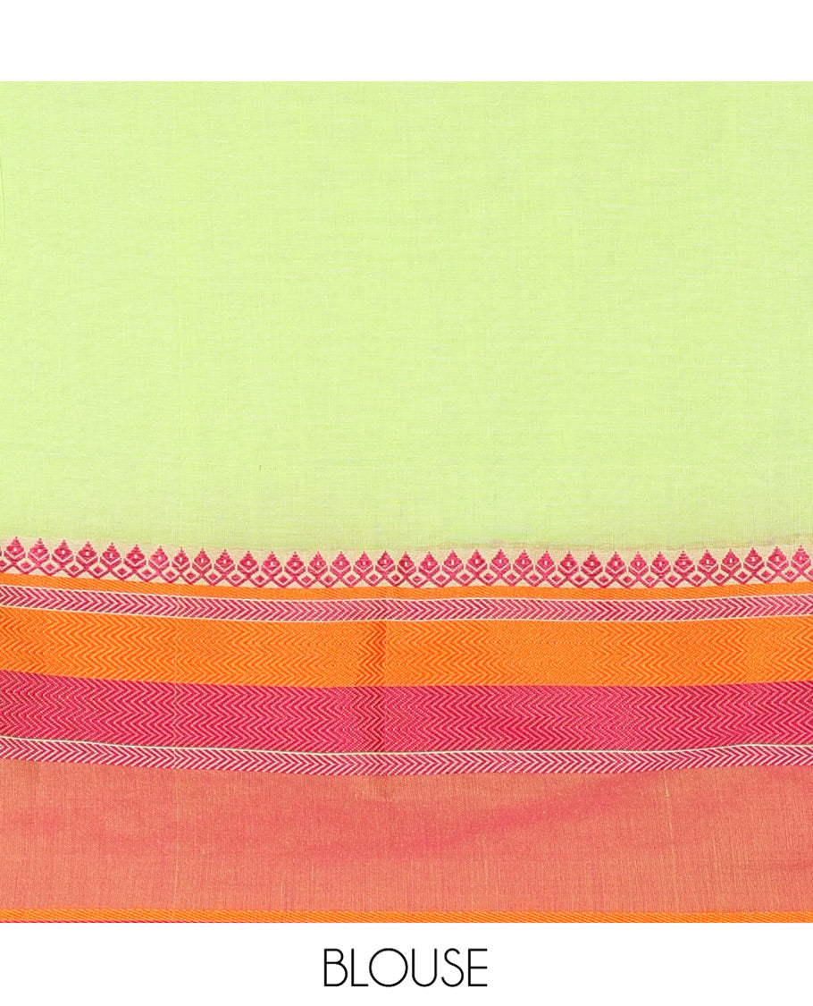Green Plain Khadi Mul Cotton Saree, Complemented by a Contrast Thread-Woven Border of Geometric Patterns, Contrast Plain Pallu, and Paired with a Matching Blouse