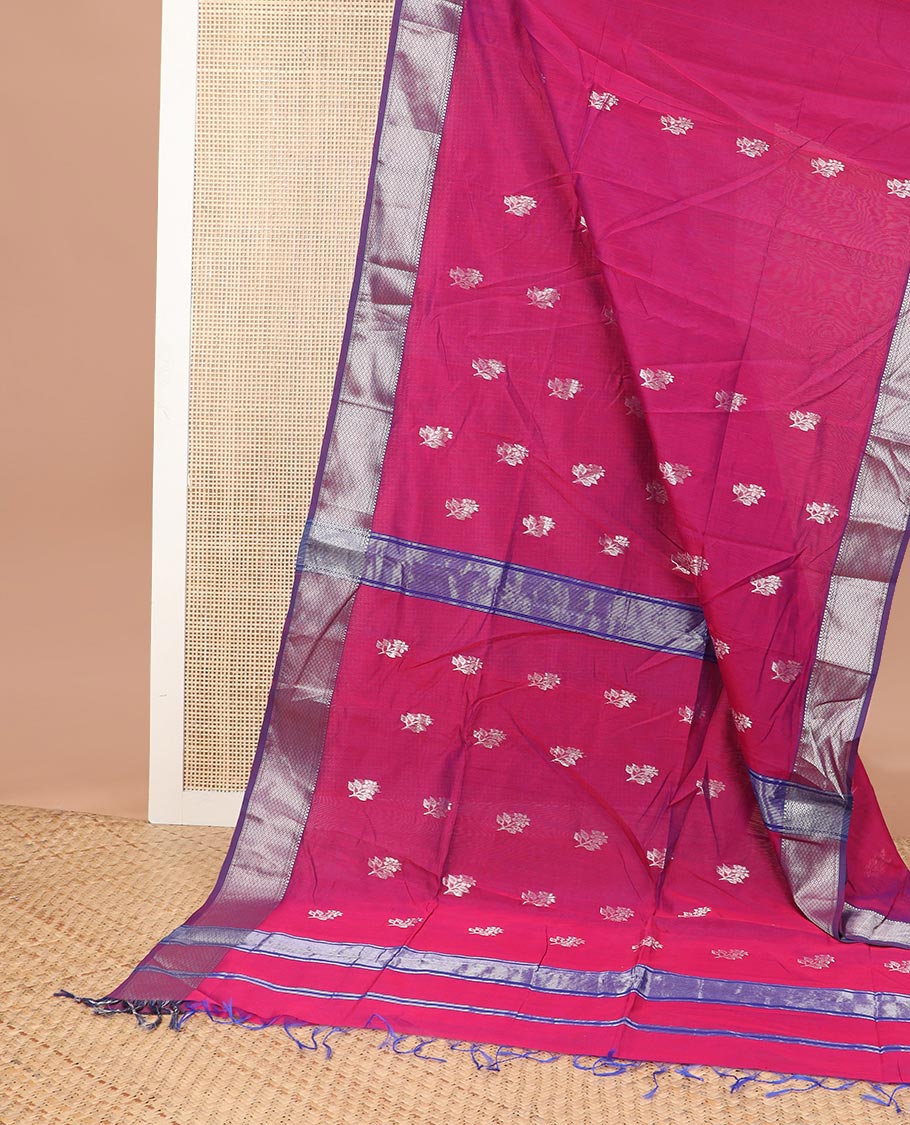 Red floral motifs maheshwari cotton saree with self zari design border & floral, striped design pallu