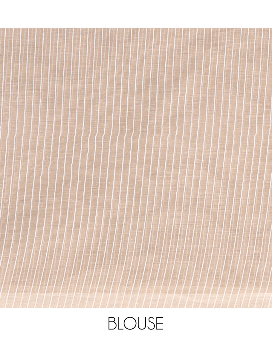 Beige Jute Cotton Saree, Sparsely Sparkled with Round Motifs and Stripes, Striped Pallu, and a Contrast Blouse
