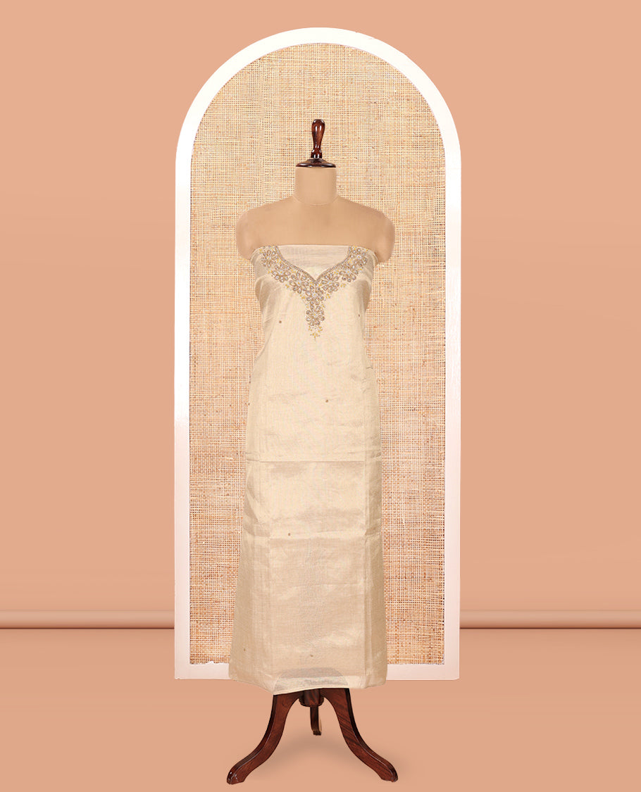 Chikku-Yellow Shimmer Tissue Material Churidar, Elevated with Bead Neck Embroidered Top, a Contrast Bottom, and a Sparsely Woven Dupatta