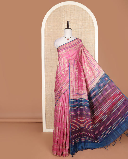 Pink zari checks and cypress tree style like printed tussar silk saree, thin piping border, and contrast multi-colored thread stripes embroidered pallu