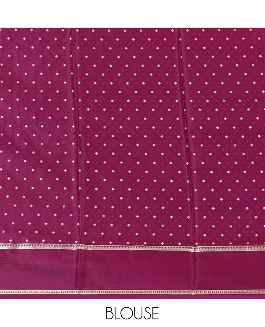 Pink Satin Silk Saree, Beautified with Floral Buttas All Over Its Body, Complemented by a Contrast Rettai Pettu Traditional Zari Border, Beautifully Zari Bedecked Pallu, and Paired with a Contrast Blouse
