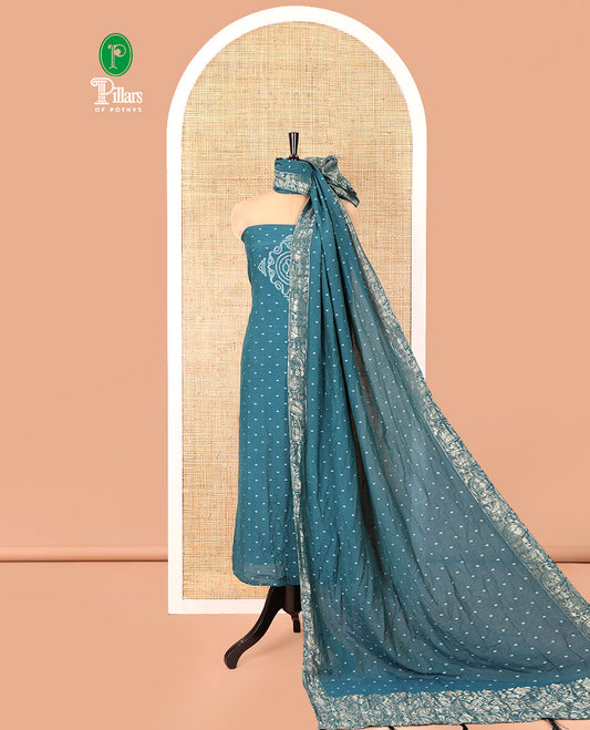 Rama Green Mul Chanderi Material Chudidar Set, Subtly Printed with Bandhani-Style Printed Top, a Plain Santoon Bottom, and Paired with a Matching Mul Chanderi Bandhani-Dotted and Zari-Woven Dupatta