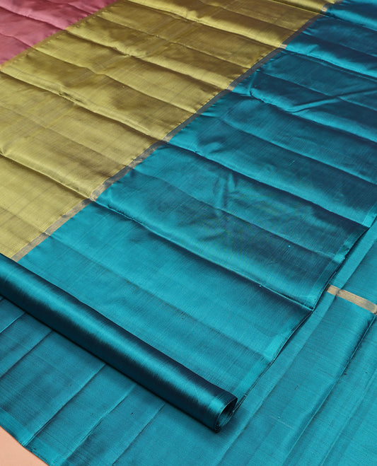 Borderless Multi-Colored Kanchipuram Silk Saree, Highlighted by Horizontal Stripes on Its Body, a Palin Pallu, and Paired with a Contrast Blouse