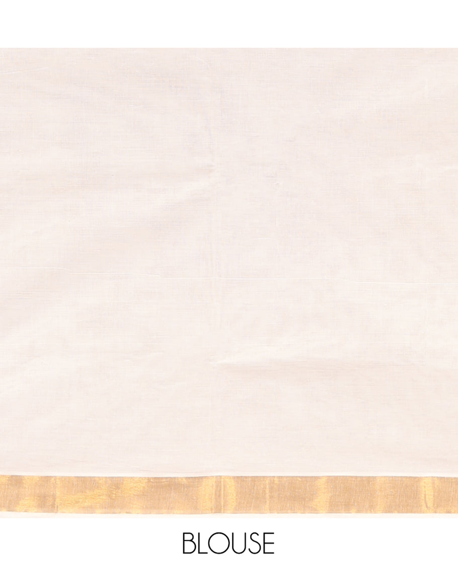 Cream Kerala Cotton Saree, Adorned with Zari Stripes All Over Its Body, a Subtle Bavanji Border, Pallu Features Intricate Designs, and Is Paired with a Matching Blouse