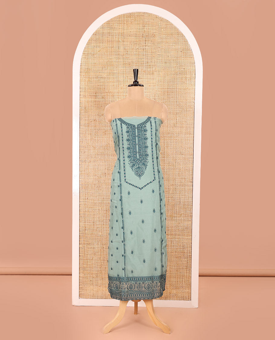 Green Material Chudidar Set Adorned with Embroidered Organza Chiffon Top, Subtly Made Plain Santoon Bottom, and a Organza  Dupatta Featuring Floral Jaal Embroidery