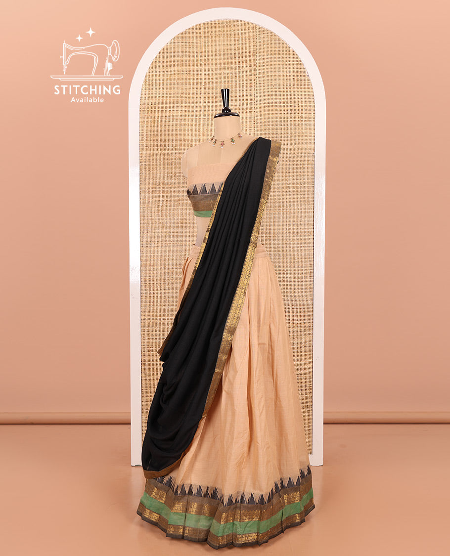 Ivory-Black Chettinad Cotton Half-Saree Featuring a Plain Skirt, Highlighted with a Contrast Traditional Zari Rettai Pettu Temple Border, a Subtly Woven Matching Blouse, and a Vichitra Silk Contrast Traditional Zari-Bordered Dhavani