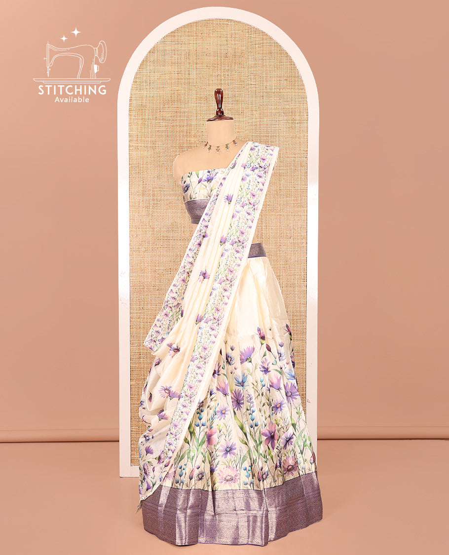 Cream-Violet Semi-Silk Half-Saree Features Floral Printed Skirt, Contrast Border, Matching Blouse, Floral Printed Dhavani