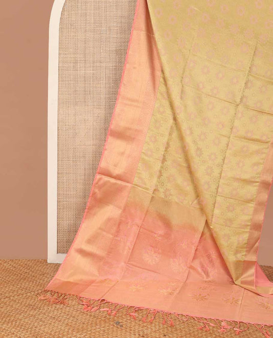Sandal floral design soft silk saree with contrast zari design border & floral design pallu