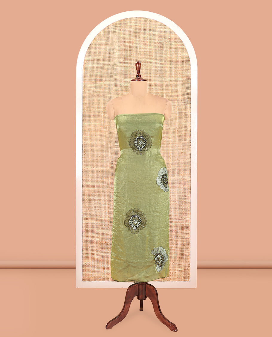 Pista Green Velvet Organza Designer Material Chudidar, Floral Embroidery Top, Plain Bottom, Rose Printed Dupatta