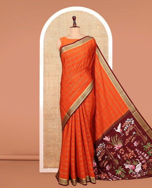 Orange Mysore Silk Saree, Adorned with Zari Checked Design on Its Body, Complemented by a Contrast Traditional Zari Design Border, Pallu Pictures Floral and Bird Designs, and Paired with a Contrast Blouse