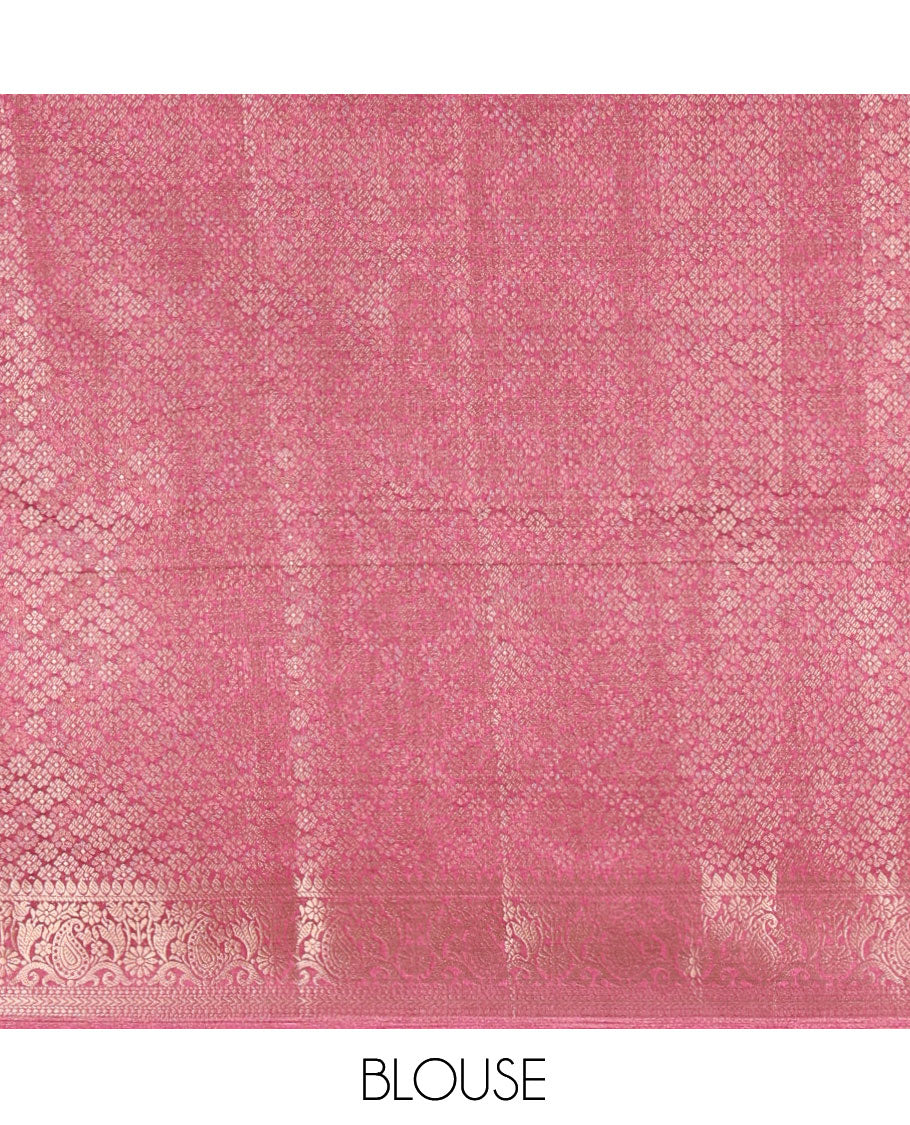 Onion Pink Fancy Tussar Saree, Floral-Paisley Border, Grand Pallu, a Contrast Printed Blouse, Matching Brocade Blouse