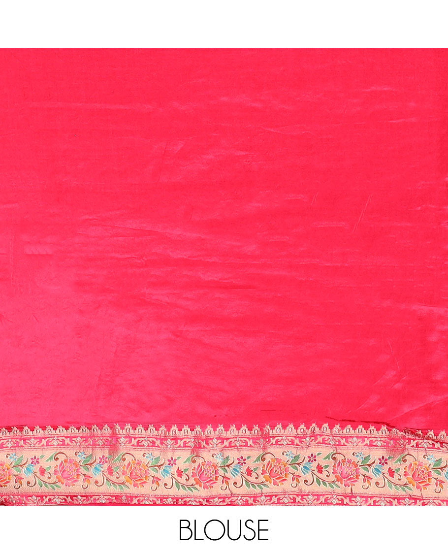 Blue meenakari-style floral printed dola satin silk saree, contrast Tree of life with birds printed border & Mughal-style pallu