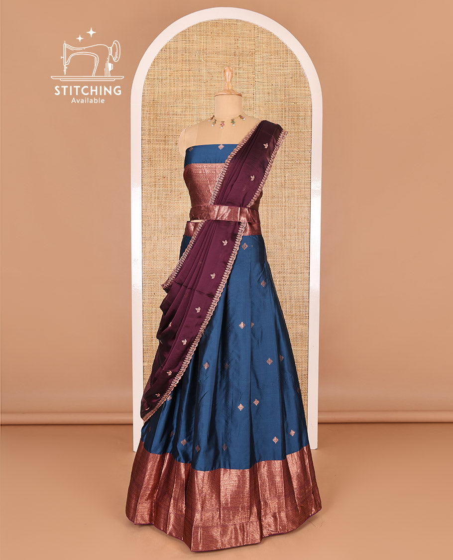 Peacock blue taffeta silk half-saree, zari buttas and contrast traditional zari bordered skirt, a matching taffeta silk blouse, and contrast embroidered satin georgette  dhavani