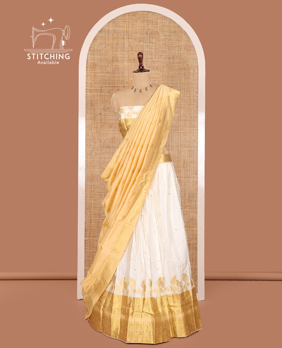 Cream Banarasi Silk Half-Saree, Adorned with Zari Buttas Skirt, Contrast Traditional Border, Matching Blouse, Contrast Zari Design Dhavani