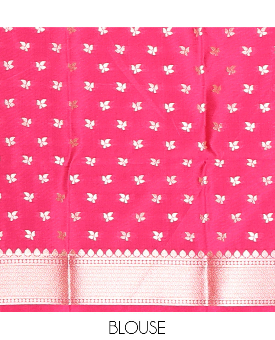 Borderless Pink Elite Soft Silk Saree, Prettified with Leaf Motifs, a Self-Pallu of Floral Designs, and a Matching Blouse