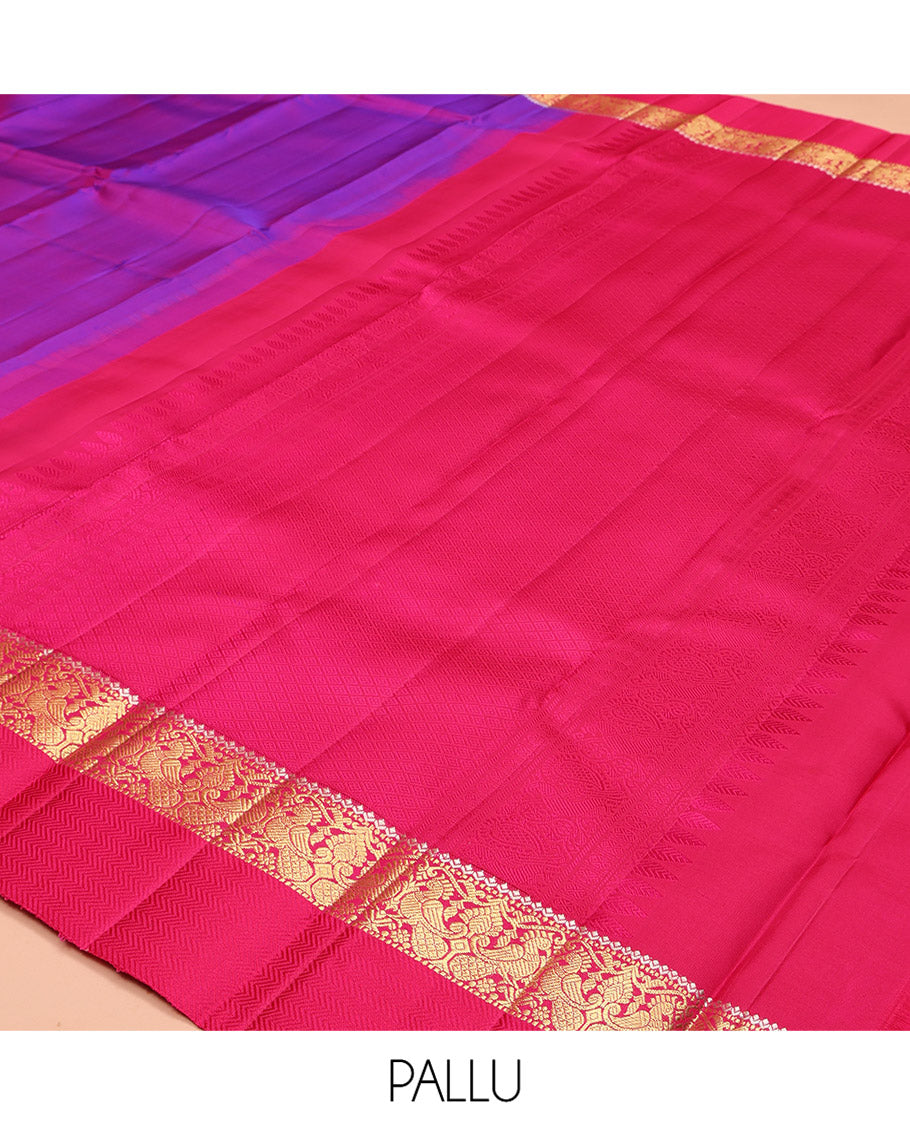 Purple Plain Kanchipuram Silk Saree, Complemented by a Contrast Border of Muthu, Mayil, and Vanki Designs, Sparsely Woven Jaal Pallu, and Paired with a Contrast Blouse