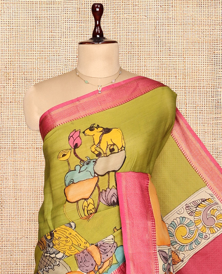 Green Kalamkari Silk Saree, Subtly Enriched with Pichwai Cow and Human Figurines, a Contrast Traditional Border, Peacock Pallu, and a Contrast Blouse