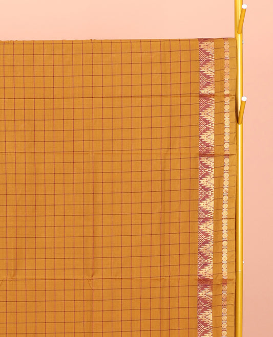 Mustard Chettinad Cotton Saree, Subtly Sparkled with Checks, Highlighted by Traditional Zari Temple Border, Striped Pallu, and No Blouse