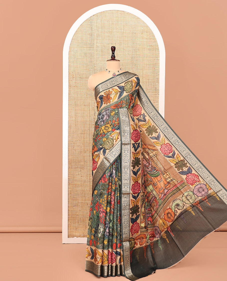 Grey Kalamkari Saree, Accentuated with Floral Vine Print, Complemented by Contrast Zari and Printed Border, Human Figurines Printed Pallu, and a Contrast Blouse