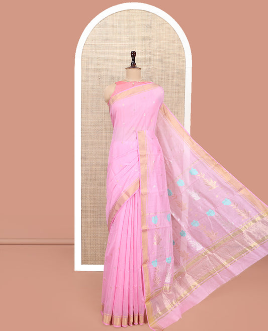Pink Chanderi Cotton Saree, Decked Up with Zari Buttas All Over Its Body, Highlighted by a Zari Border, Pallu  of Zari Stripes and Floral Buttas, and Paired with a Matching Blouse
