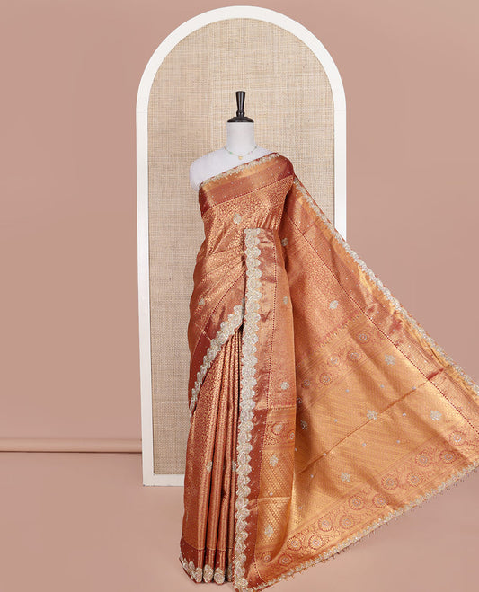 Light Maroon-Base Vastrakala Silk Saree, Enriched with Zari Jacquard and Patch Stone Work, Highlighted by Traditional Zari and Stone Scallop Border, Grand Scallop Design Stone Work Pallu, and Paired with Heavy Embroidered Blouse