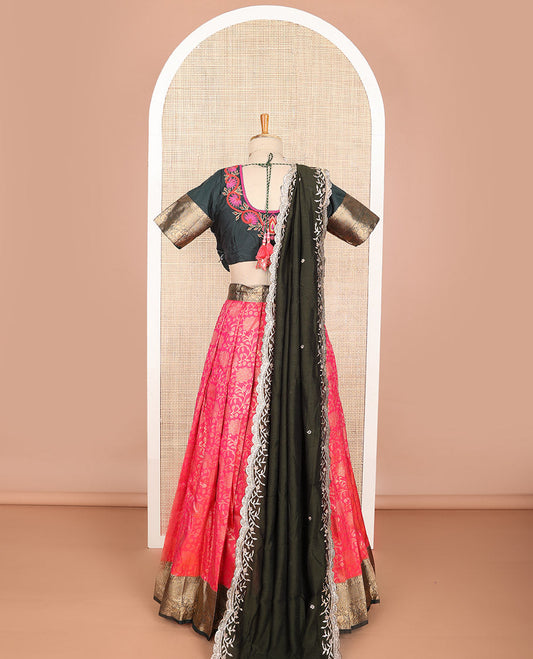 Red floral art silk half saree with contrast zari design border, embroidered blouse & floral embroidery dhavani