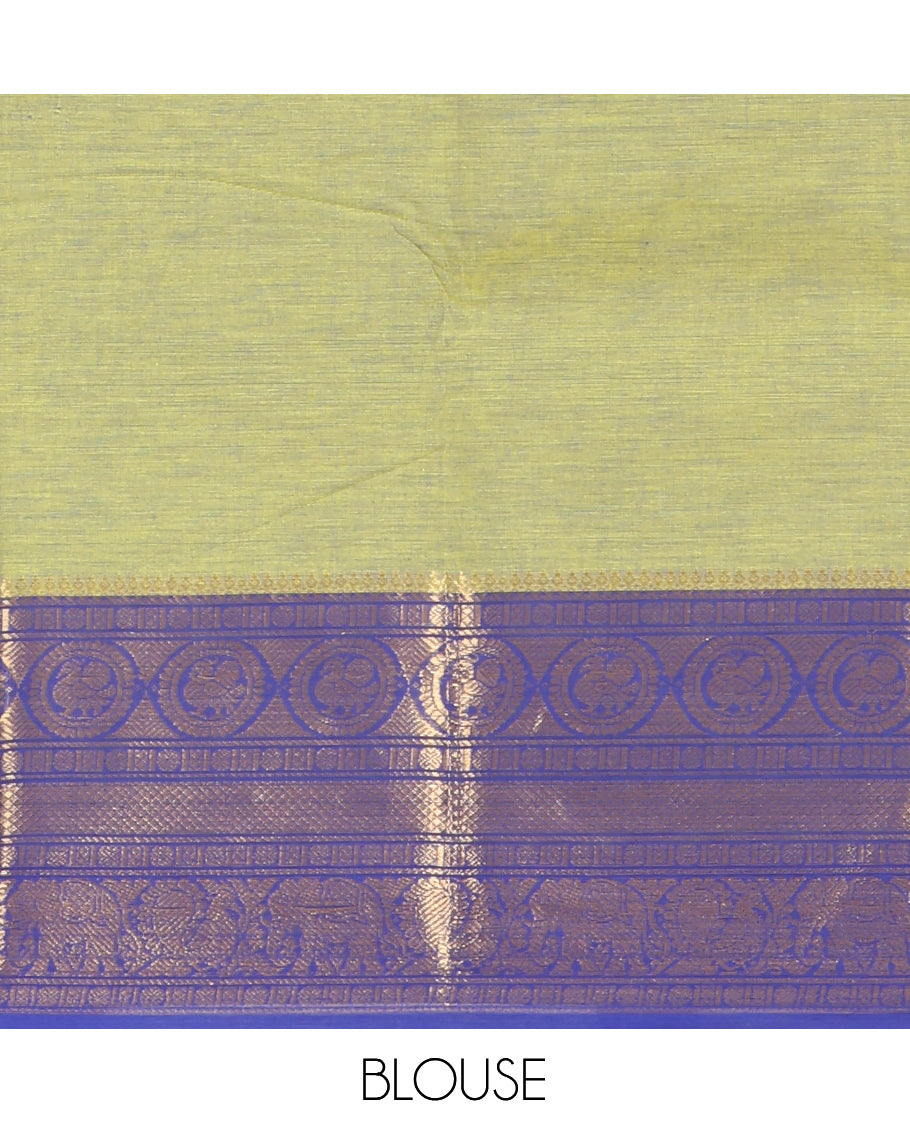 Elachi Green Plain Chettinad Cotton Saree, Complemented by a Contrast Traditional Zari Peacock-Elephant Border, a Matching Blouse