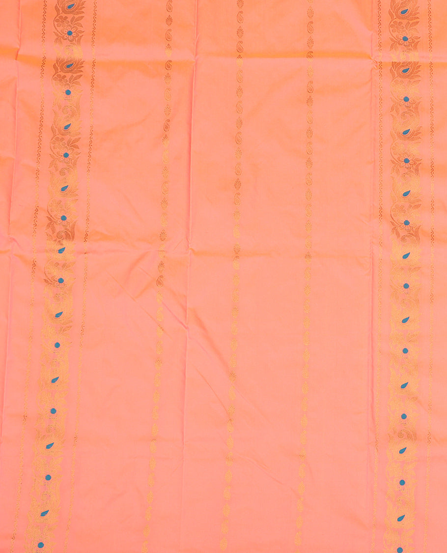 Peach Art Silk Pavadai Material Set, Decked Up with Zari Designs on Its Skirt, Complemented by a Contrast Traditional Zari Border, and a Matching Blouse