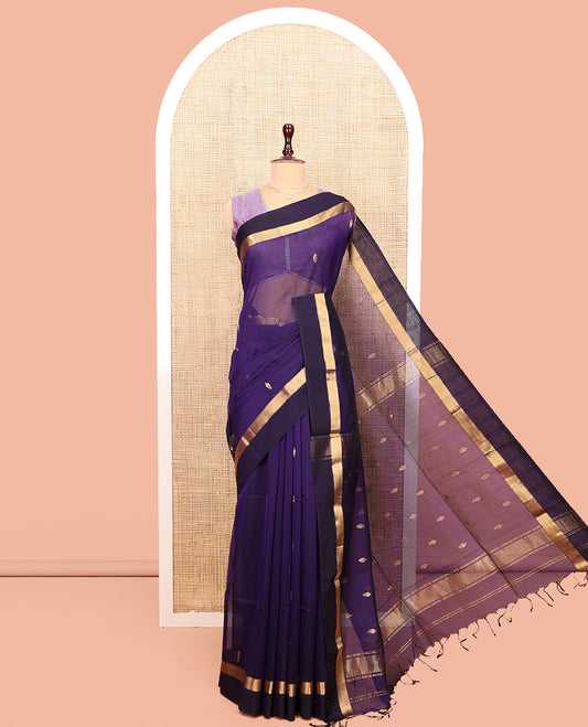 Violet Maheshwari Cotton Saree, Elevated with Zari Buttas All Over Its Body, Complemented by Contrast Border of Traditional Temple Designs, Pallu Steeped with Zari Buttas, and Paired with a Matching Blouse