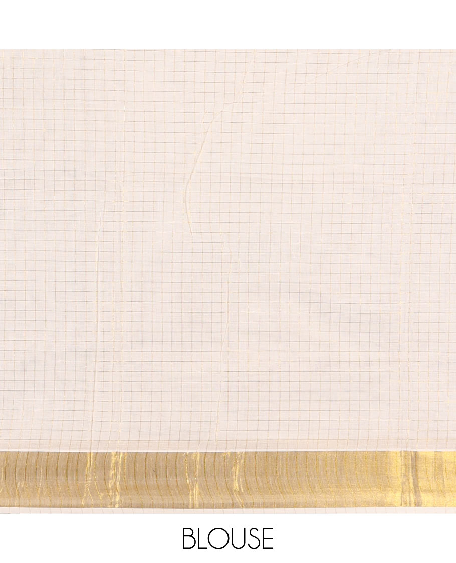 Cream Kerala Cotton Saree, Enthralled with Small-Sized Checks All Over Its Body, Subtle Bavanji Border, Scintillating Zari Design Pallu, and Paired with a Matching Blouse
