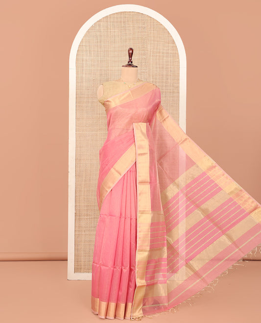 Pink Maheshwari Cotton Saree, Subtly Sparkled with Stripes, Highlighted by Zari Bavanji Border, Pallu of Zari Stripes, and Paired with a Contrast Blouse