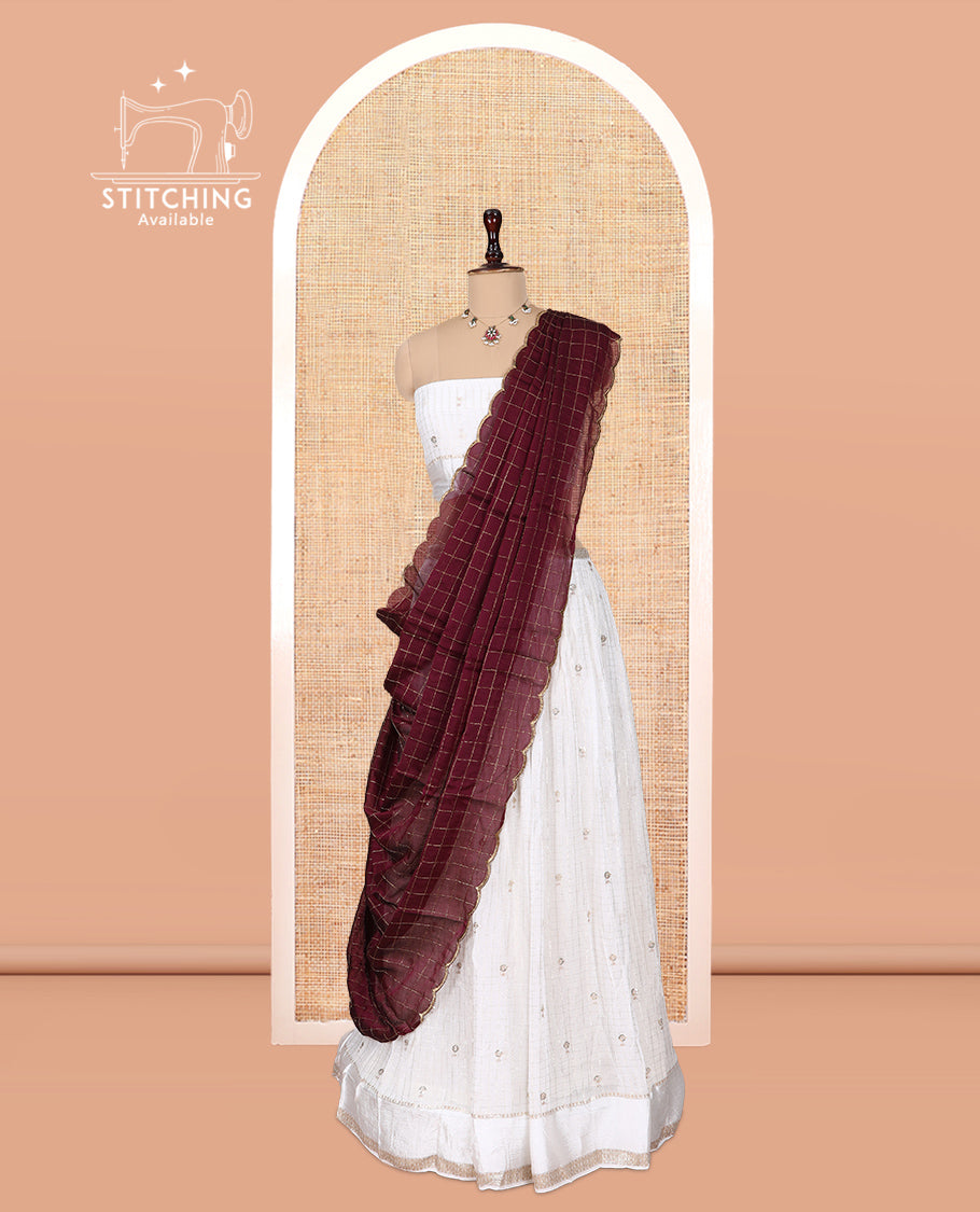 Cream-Wine Viscose Georgette Half-saree, Buttas Skirt, Matching Blouse, Contrast Checked Dhavani