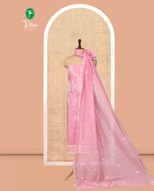 Pink Mul Chanderi Material Churidar, Floral Embroidery Top, a Plain Santoon Bottom, a Embroidered Dupatta