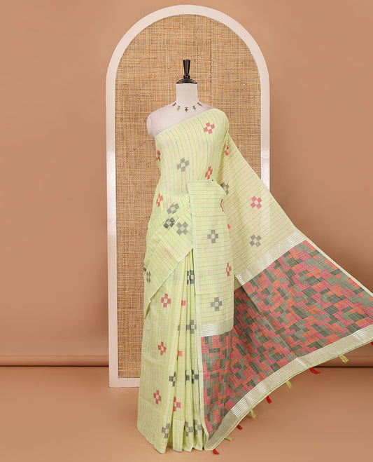 Parrot green vertical stripes & geometric buttas Jute linen saree, Sliver zari border, geometric patterned pallu & vertical striped blouse