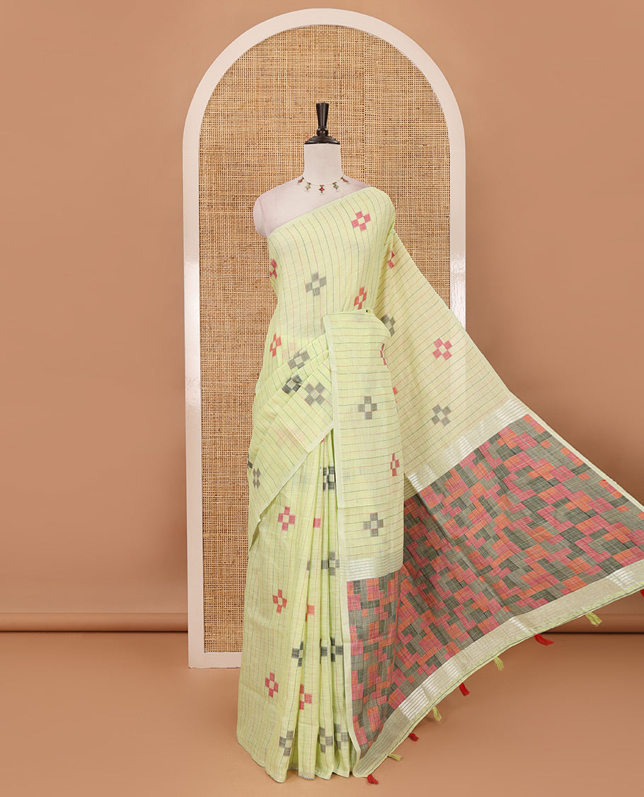 Parrot green vertical stripes & geometric buttas Jute linen saree, Sliver zari border, geometric patterned pallu & vertical striped blouse