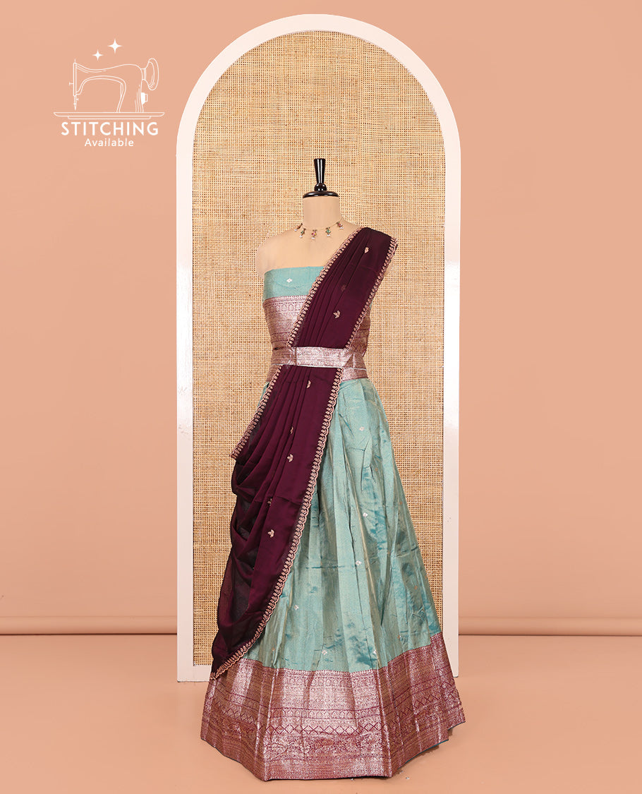 Firozi Green-Magenta Banarasi Silk Half-Saree Featuring Buttas Skirt, Contrast Traditional Border, Matching Blouse, Syska Georgette Embroidery Dhavani