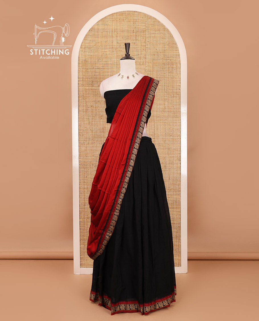 Black-red mercerised cotton half-saree, plain & contrast temple & peacock border skirt, matching blouse & contrast syska georgette dhavani