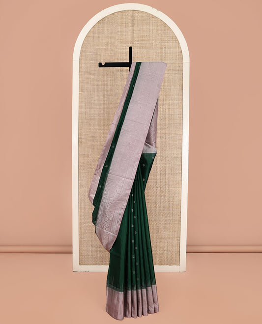 Green Mayuri Soft Silk Saree, Woven with Manga and Rudraksham Buttas, Complemented by a Contrast Border, Sparsely Woven Pallu, and a Contrast Blouse